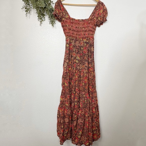 Free People Getaway Red Floral Print Tiered Maxi Dress Smocked XS - Picture 5 of 10